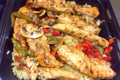 Grilled Teriyaki Chicken Dinner with Peppers, Mushrooms & Onions - over House Rice